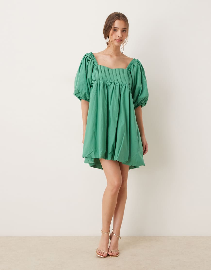Balloon sleeve babydoll mini dress in green
