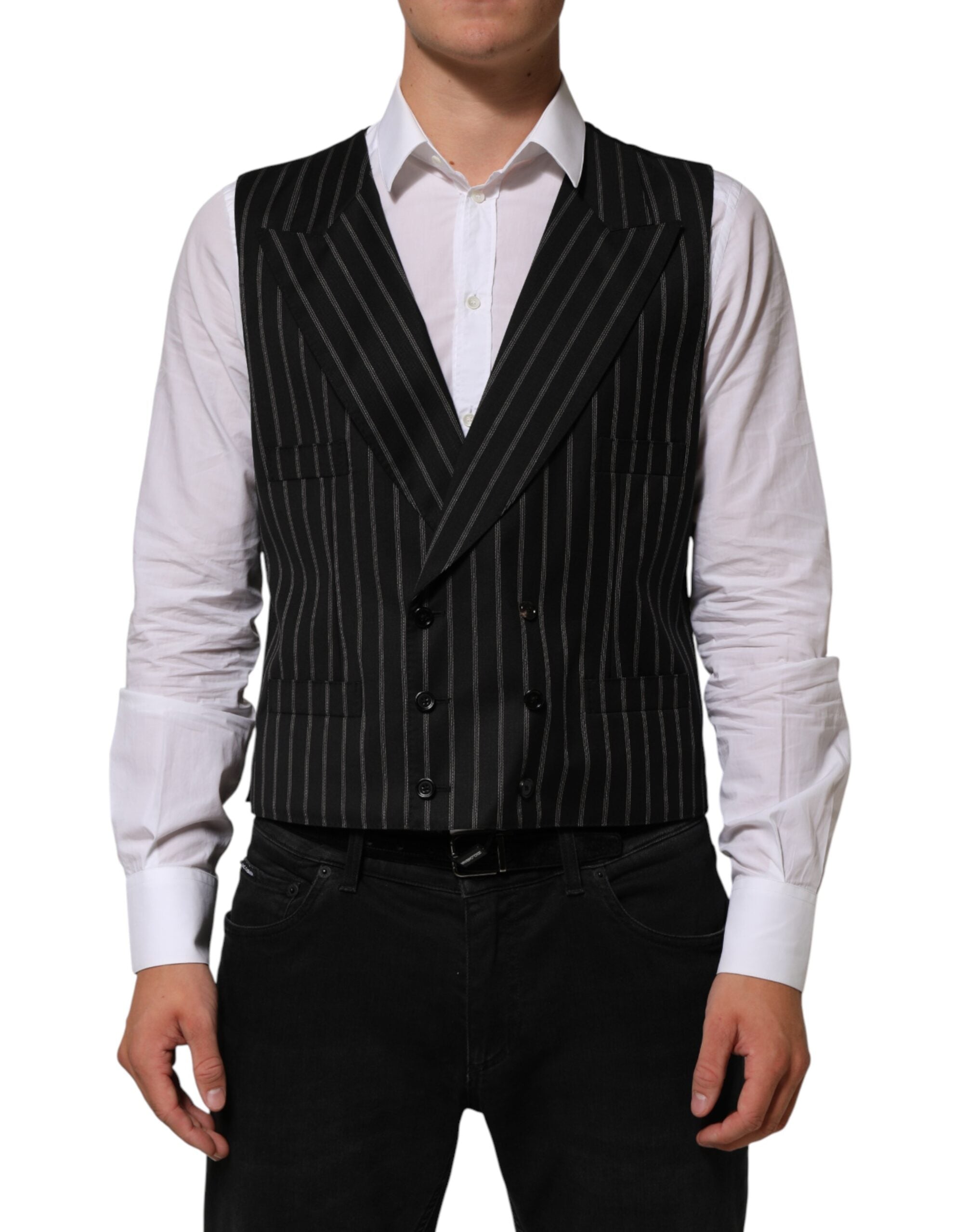 Pinstriped Wool Vest — Black