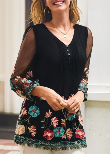 Modlily Crinkle Chest Embroidered V Neck 3/4 Sleeve Blouse