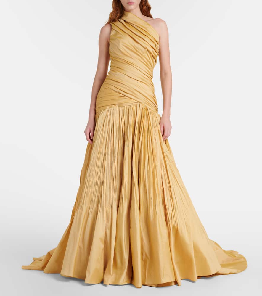 Draped one-shoulder taffeta gown