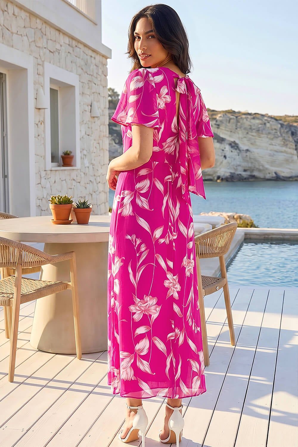 Roman Women's Floral Print Flutter Sleeve Midi Dress in Magenta