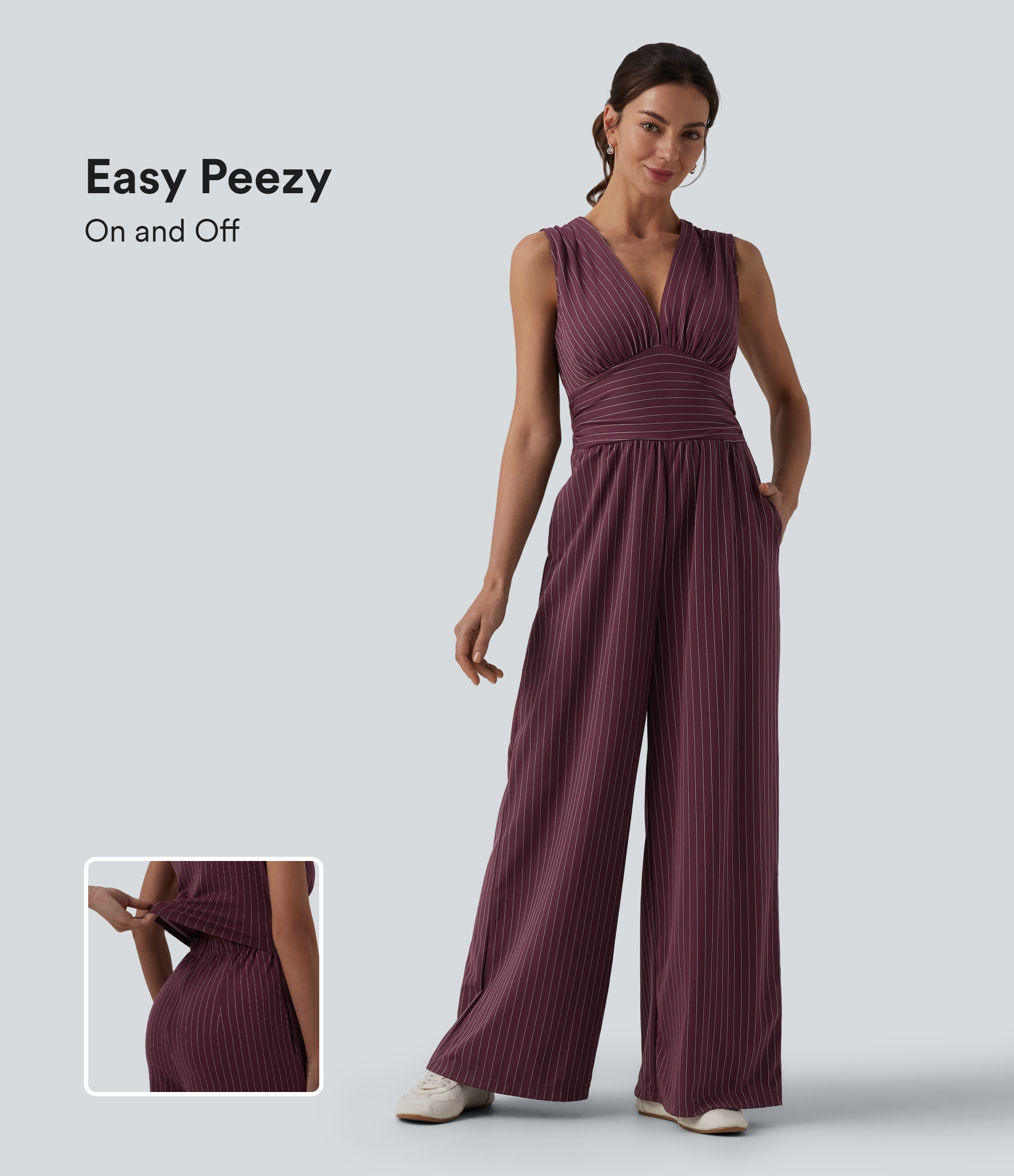 V Neck Sleeveless Ruched Stripes Work Jumpsuit with Pockets-Easy Peezy  - Plum Stripe