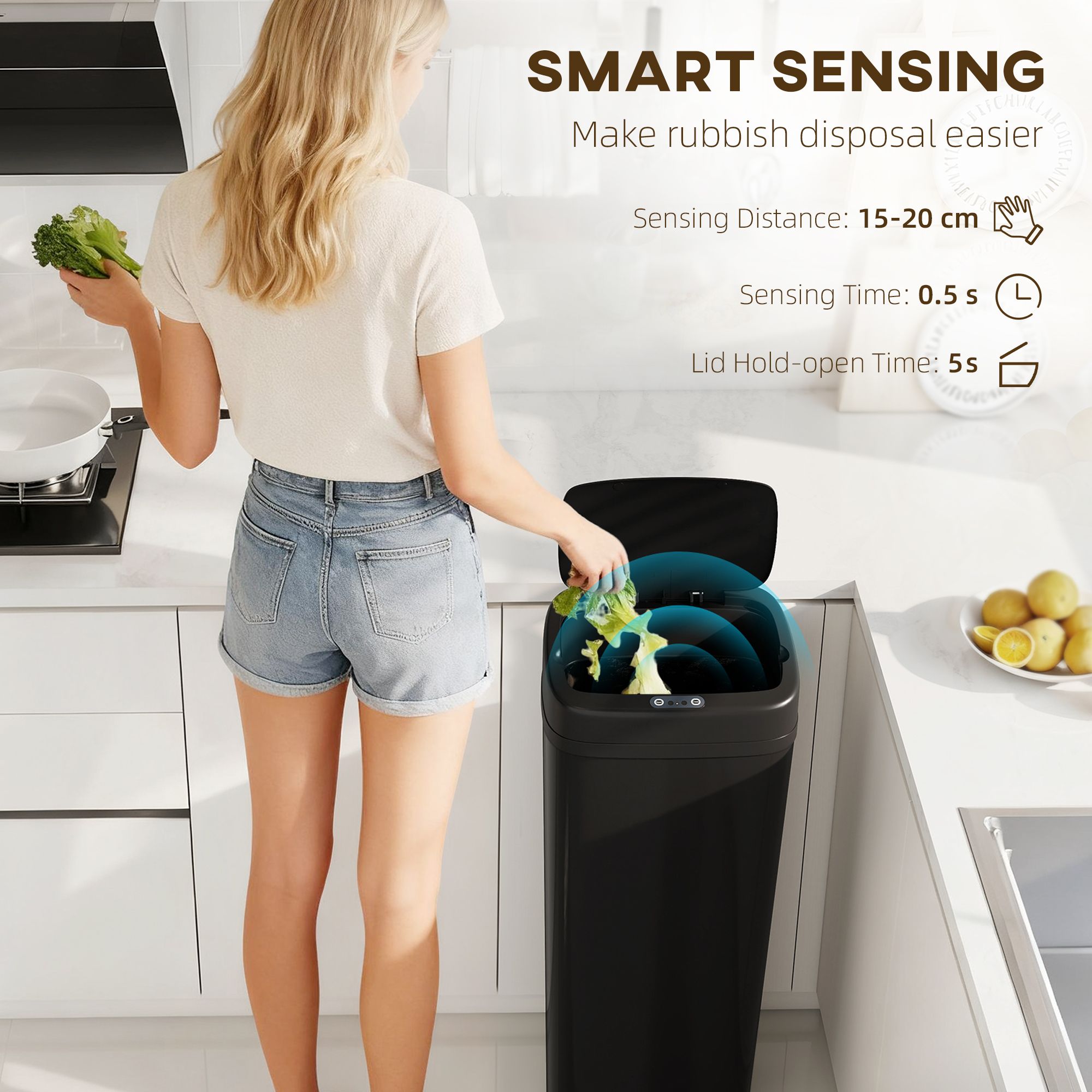 Homcom 50L Sensor Bin, Stainless Steel Slim Kitchen Bin, Fingerprint-Proof In Black