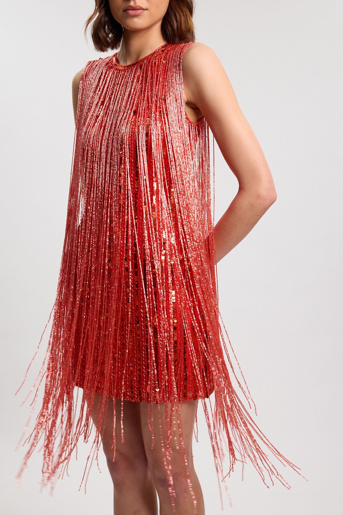 Karen Millen Womens Beaded Fringed Sleeveless Woven Midi Dress - Orange