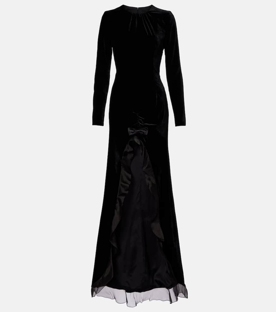 Ruched silk-trimmed asymmetric velvet gown