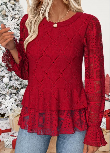 Modlily Red Patchwork Long Sleeve Round Neck Blouse