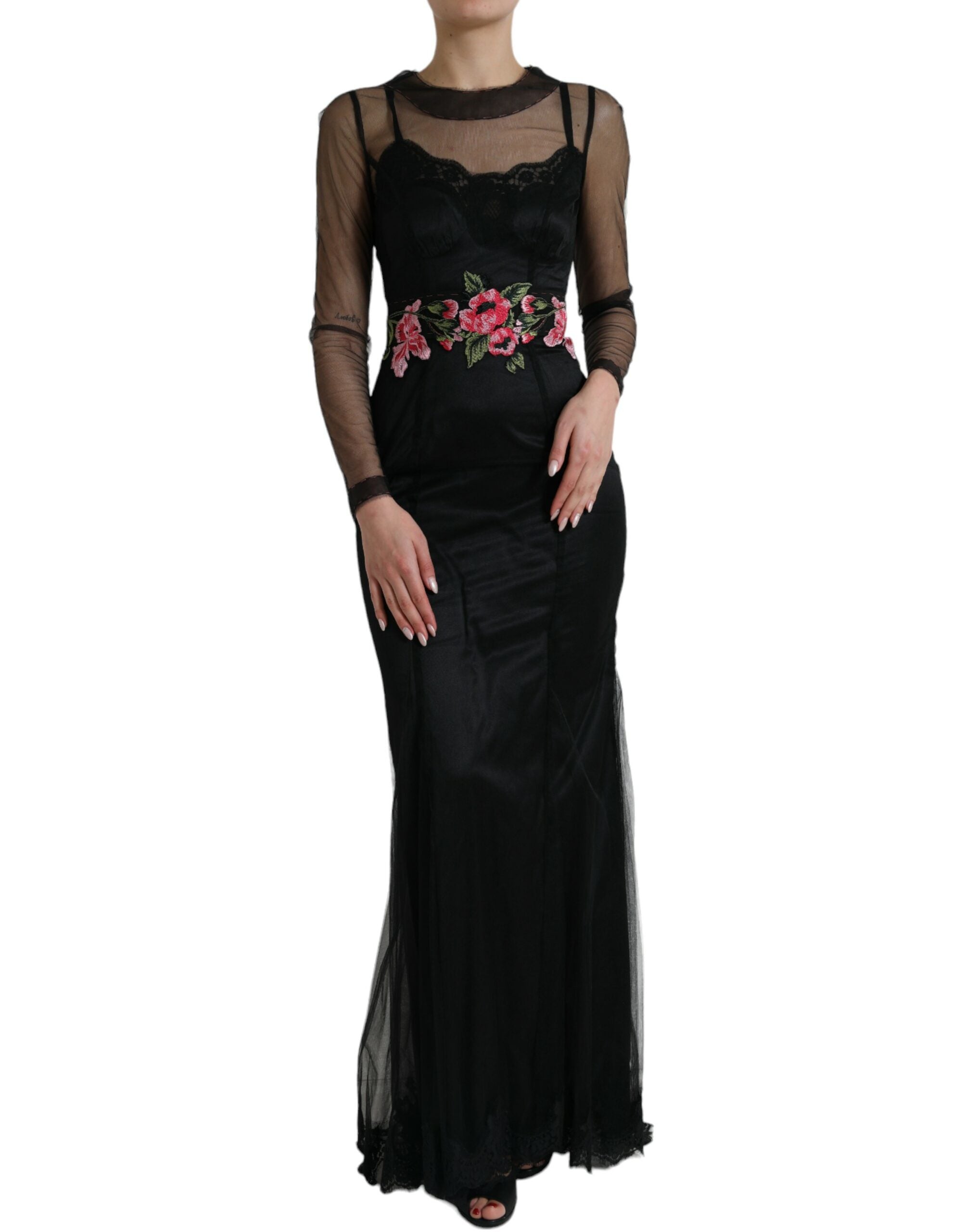 Floral Embroidery Mesh Tulle Dress — Black