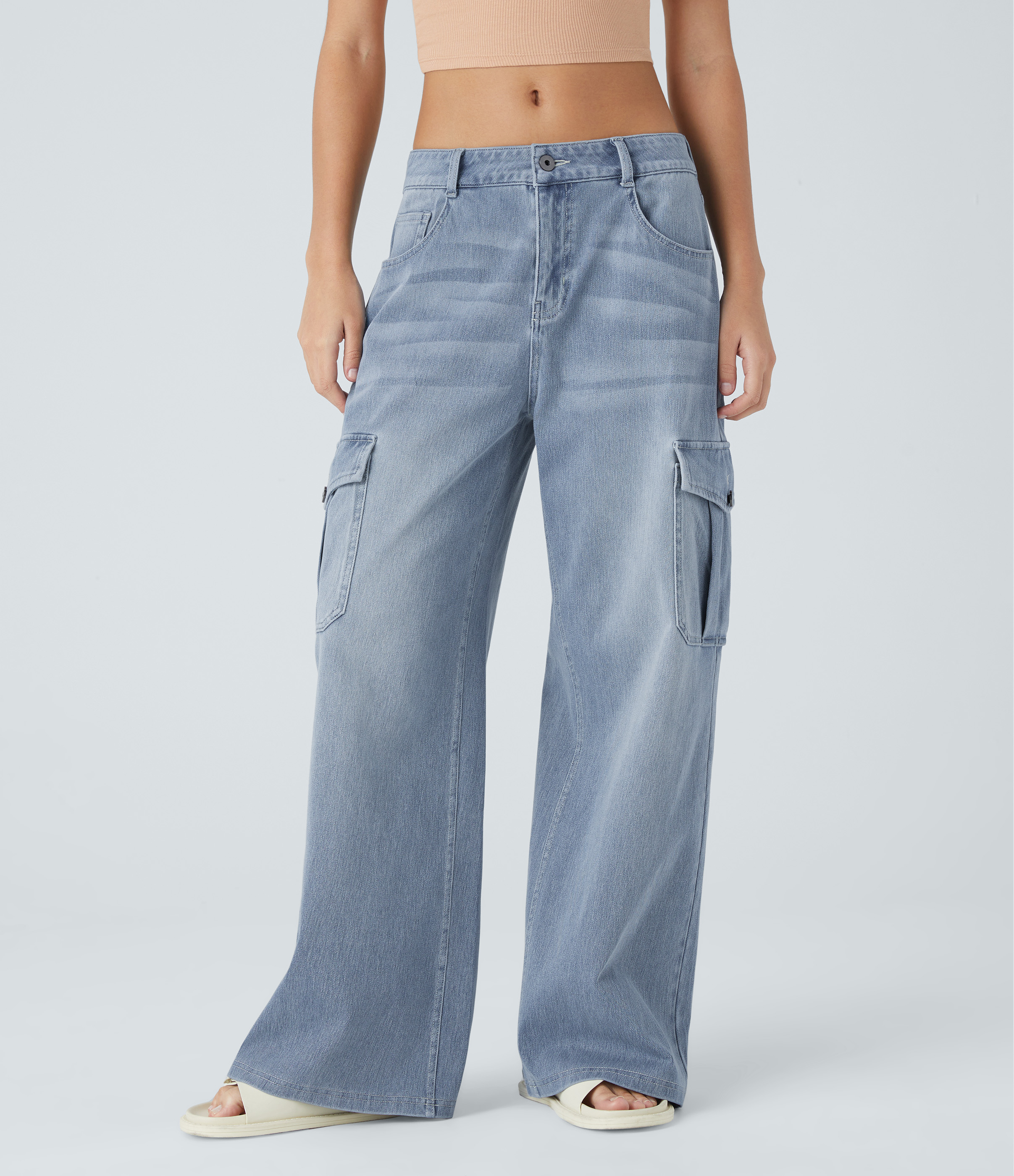 Flex™ Low Rise Pockets Casual Baggy Wide Leg Cargo Jeans  - Blue Spruce Denim