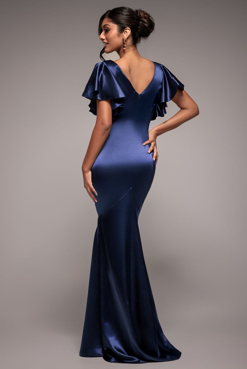 Goddiva Women's Satin Flutter Sleeve Mermaid Maxi Dress in Navy
