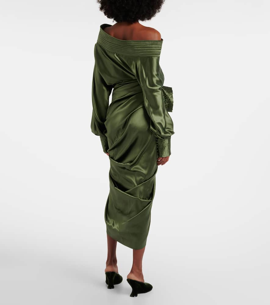 Gathered silk-blend satin midi skirt