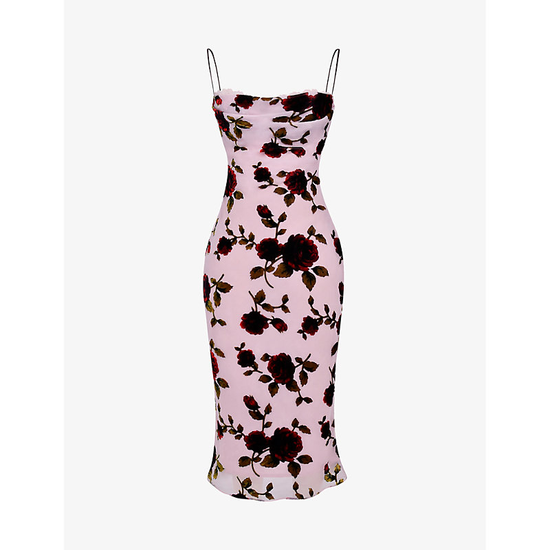 Womens Pink Azura Floral Velvet Devore-embroidered Stretch-woven Midi Dress