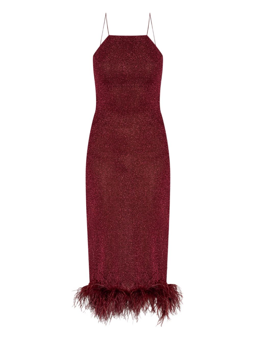Feather-trimmed sparkle midi dress - Red