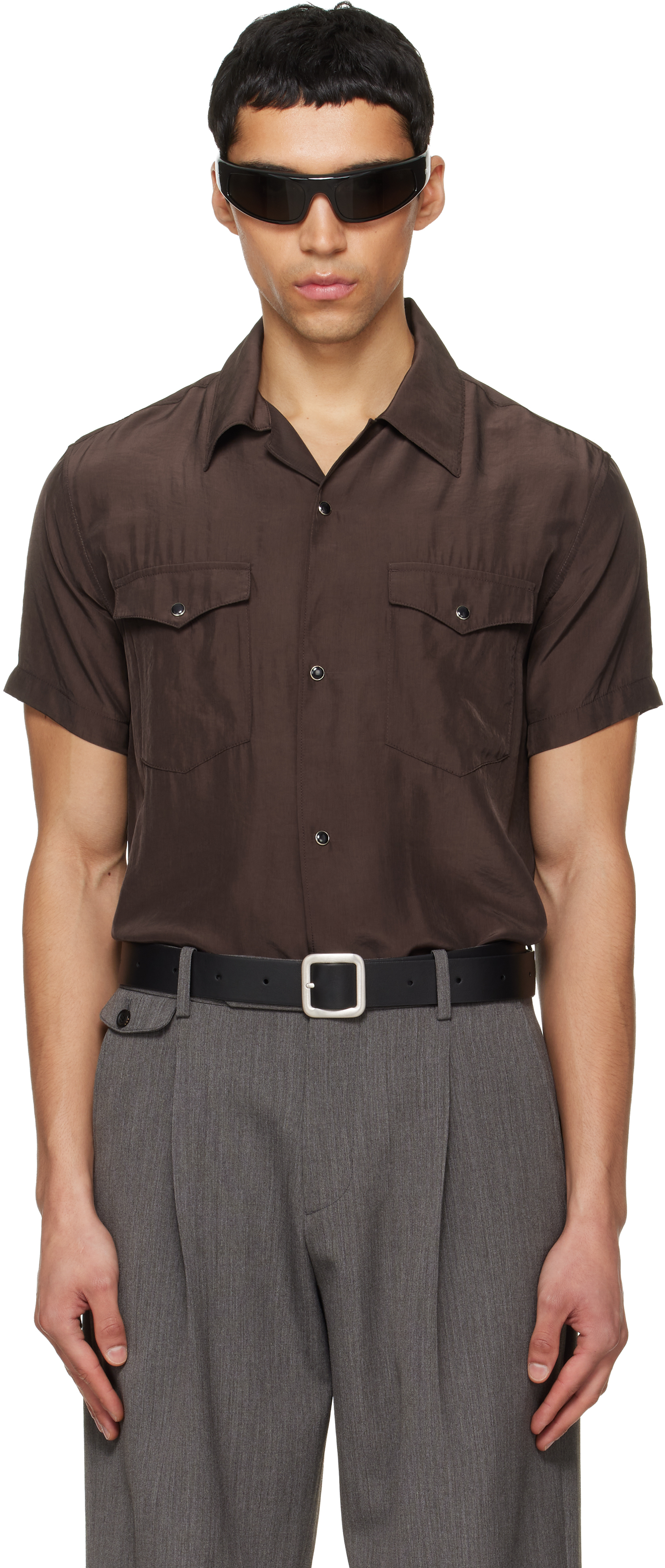 Brown Washed Rayon Pearl Snap Shirt