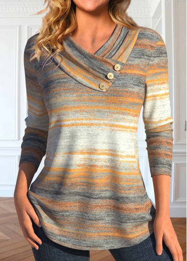 Modlily Multi Color Button Striped Long Sleeve T Shirt