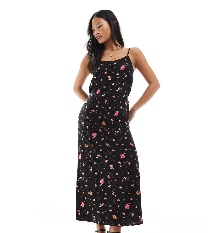 Miss Selfridge Petite strappy scoop neck maxi slip dress in black ditsy print