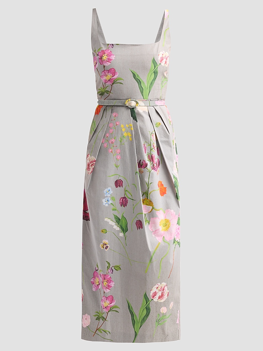 Women's Mixed Botanical Stretch Cotton Pleated Day Dress - Grey Multi