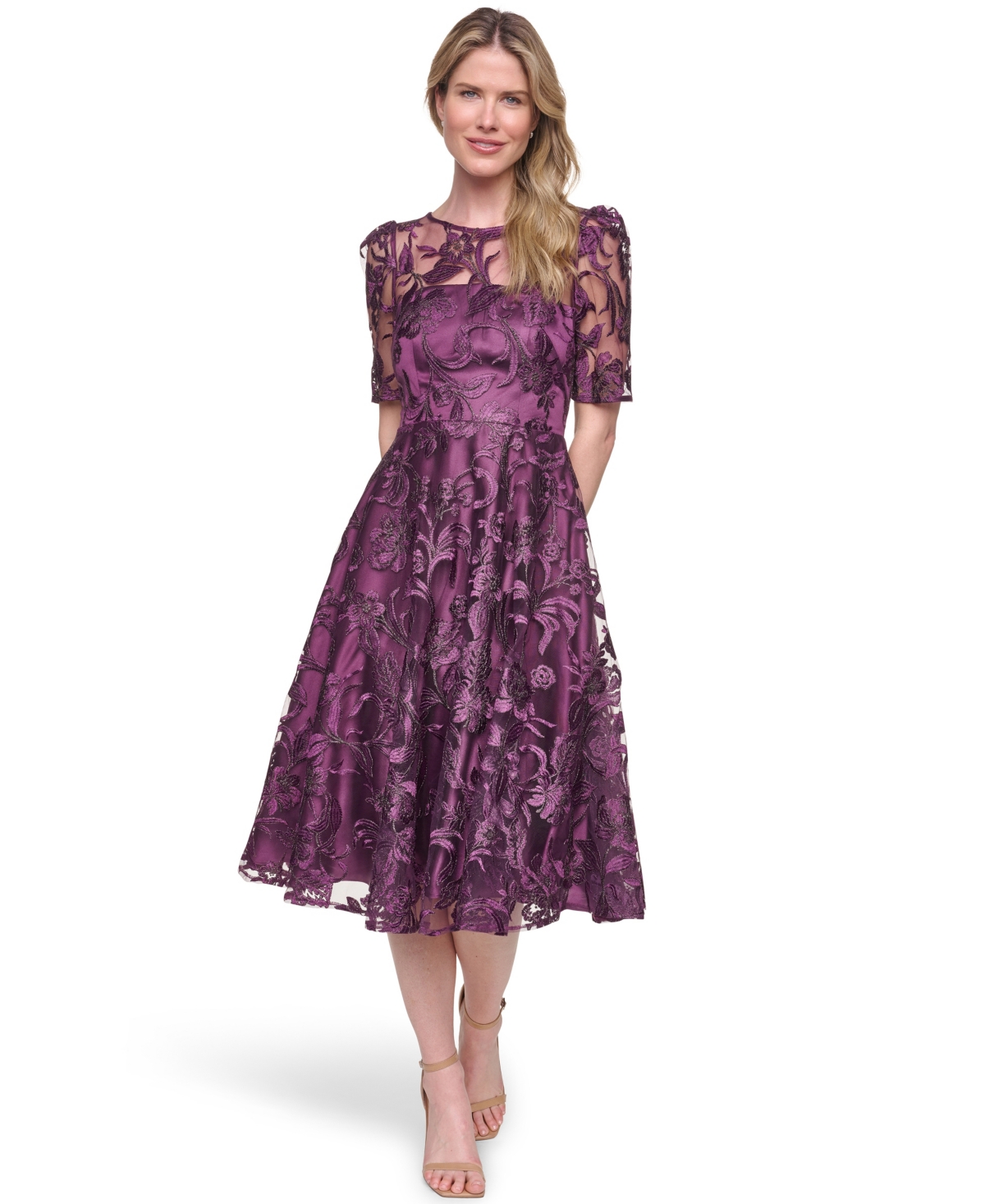 Women's Elbow-Sleeve Illusion Yoke Dress - Plum