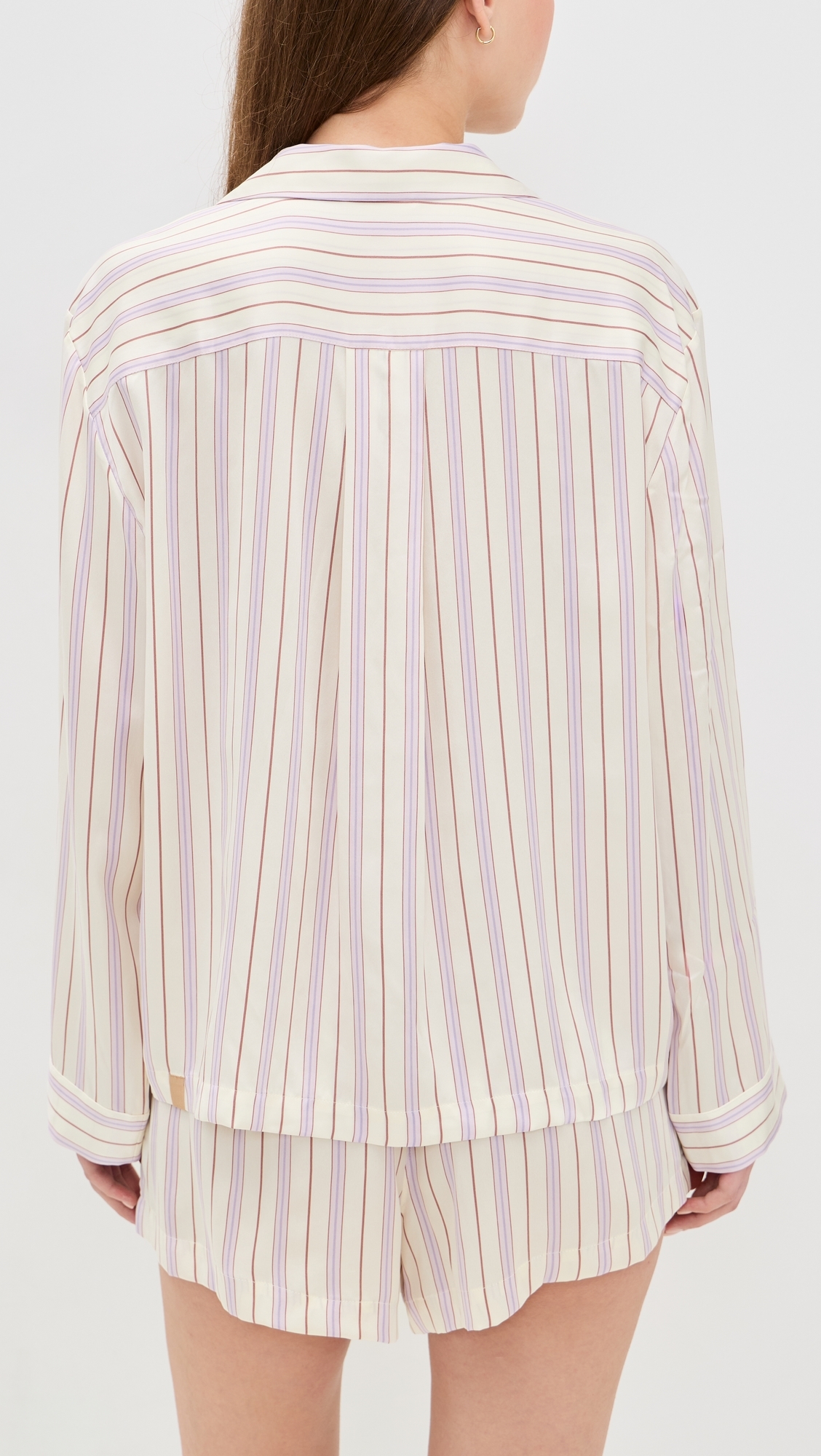 Washable Silk Button Up Short Set Wisteria Stripe