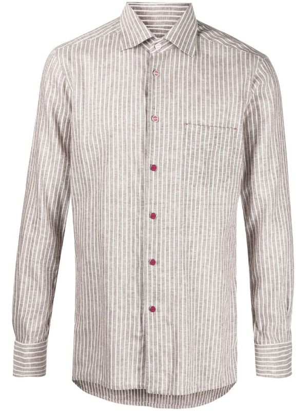 Vertical Striped Linen Blend Shirt — Beige