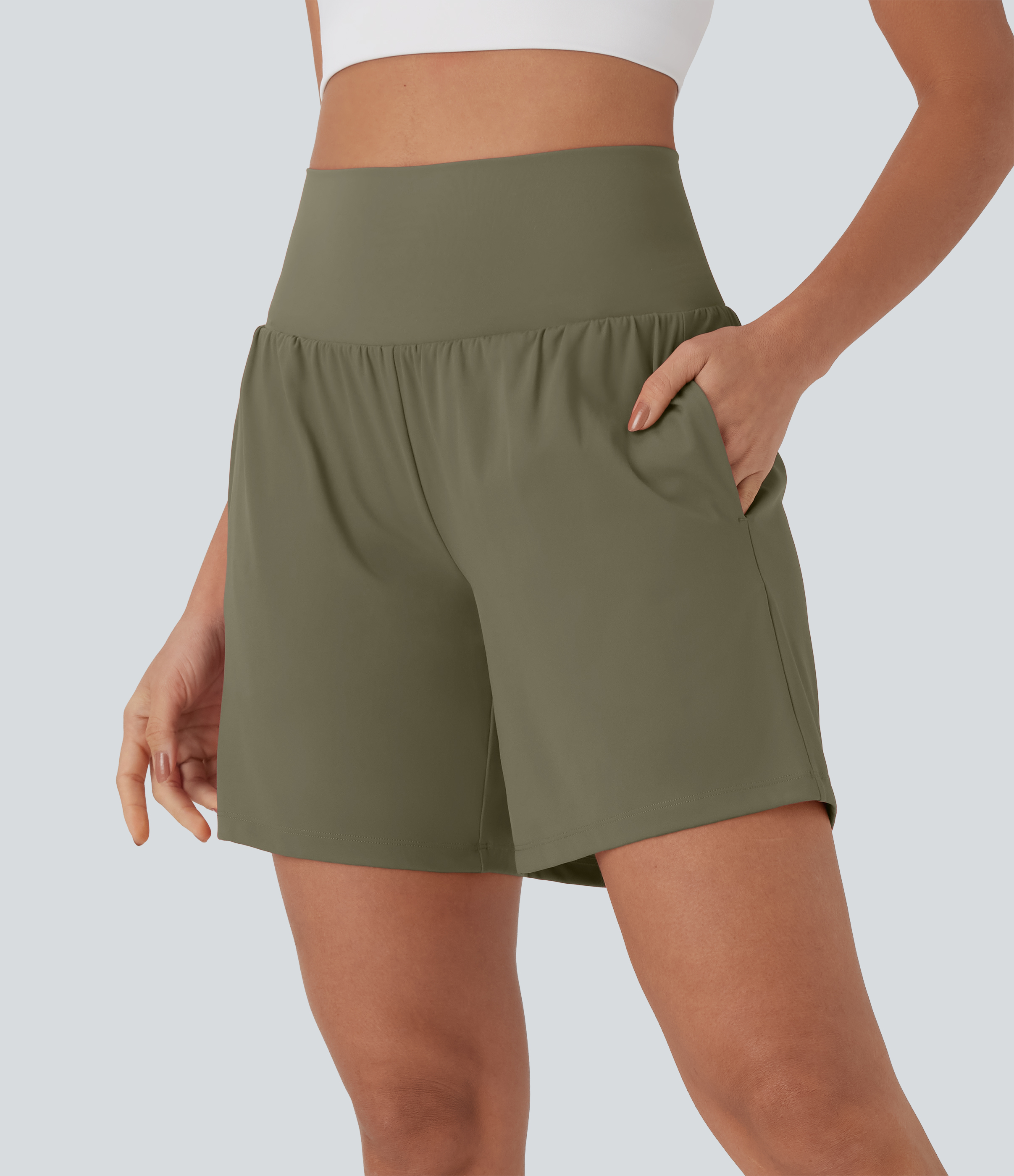 "Softlyzero™ Airy Super High Waisted 2-in-1 Cool Touch Yoga Shorts 7"" with Pockets Gym Short - Withered Green