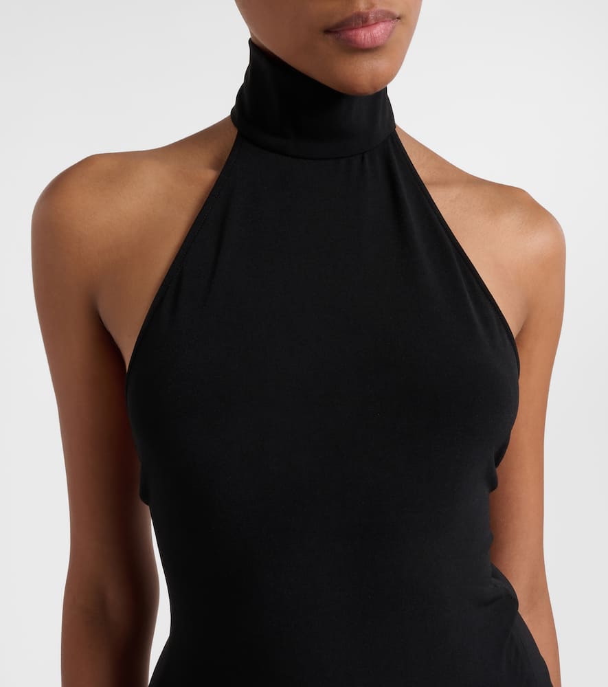 Belted asymmetric draped halterneck maxi dress