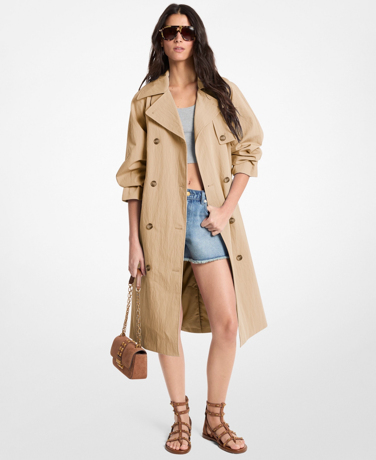 Michael Women's Collared Neck Oversize Belted Trench Coat - Khaki