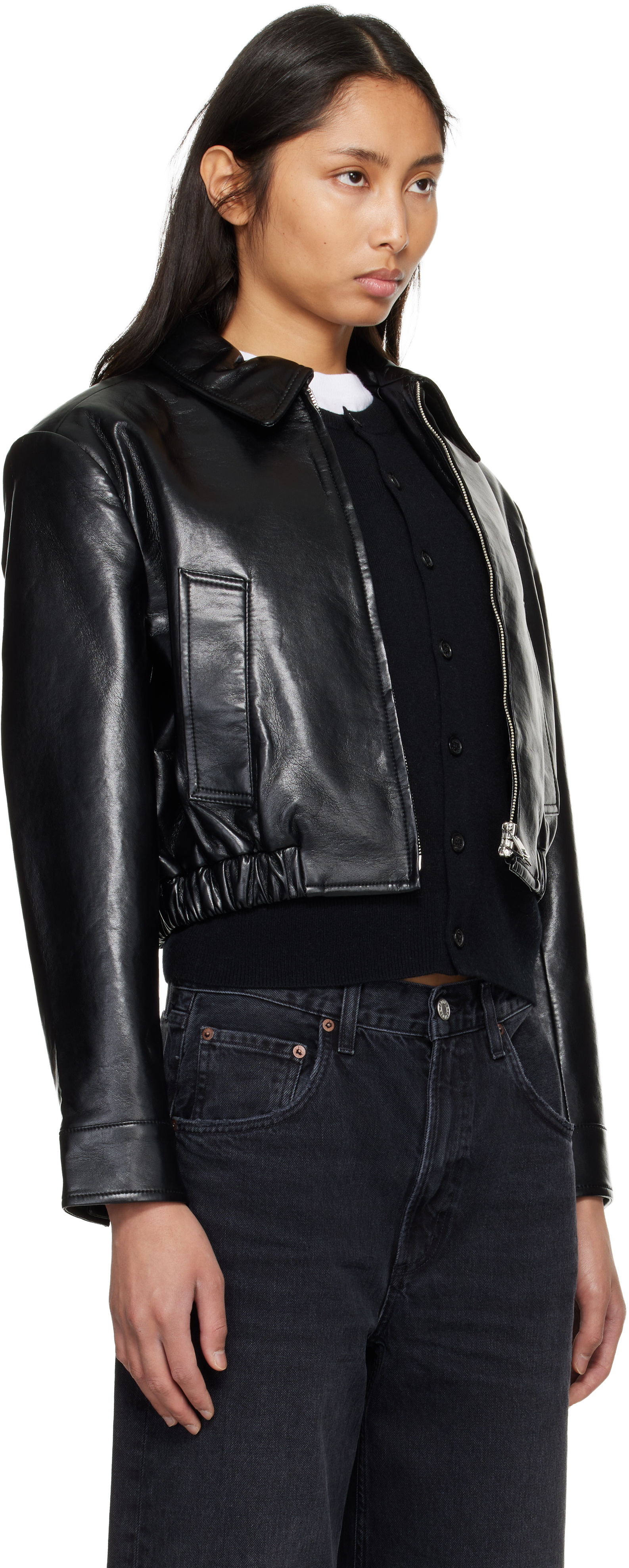 Black Nahla Cropped Recycled Leather Jacket