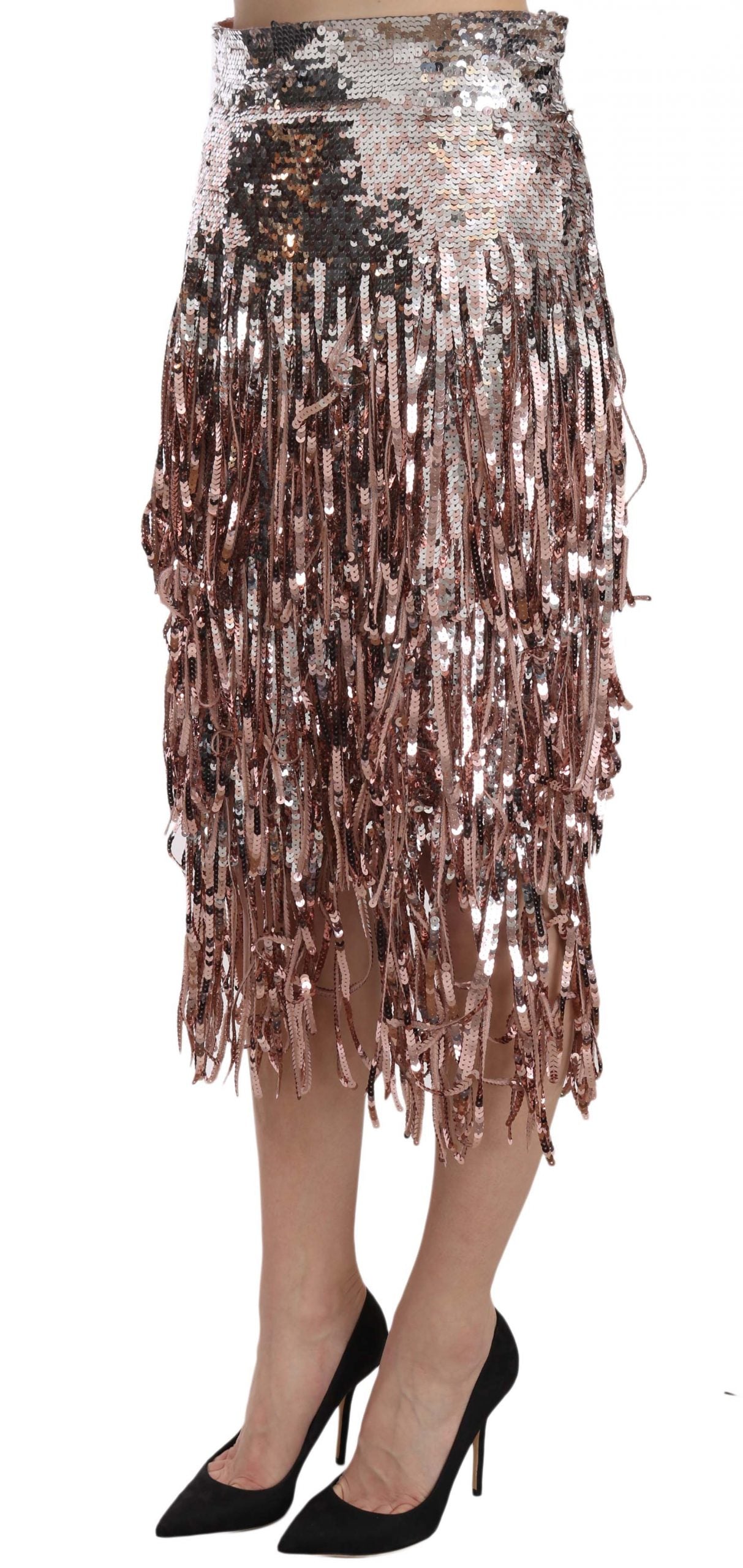 Sequin-Embellished Fringe Skirt — Silver