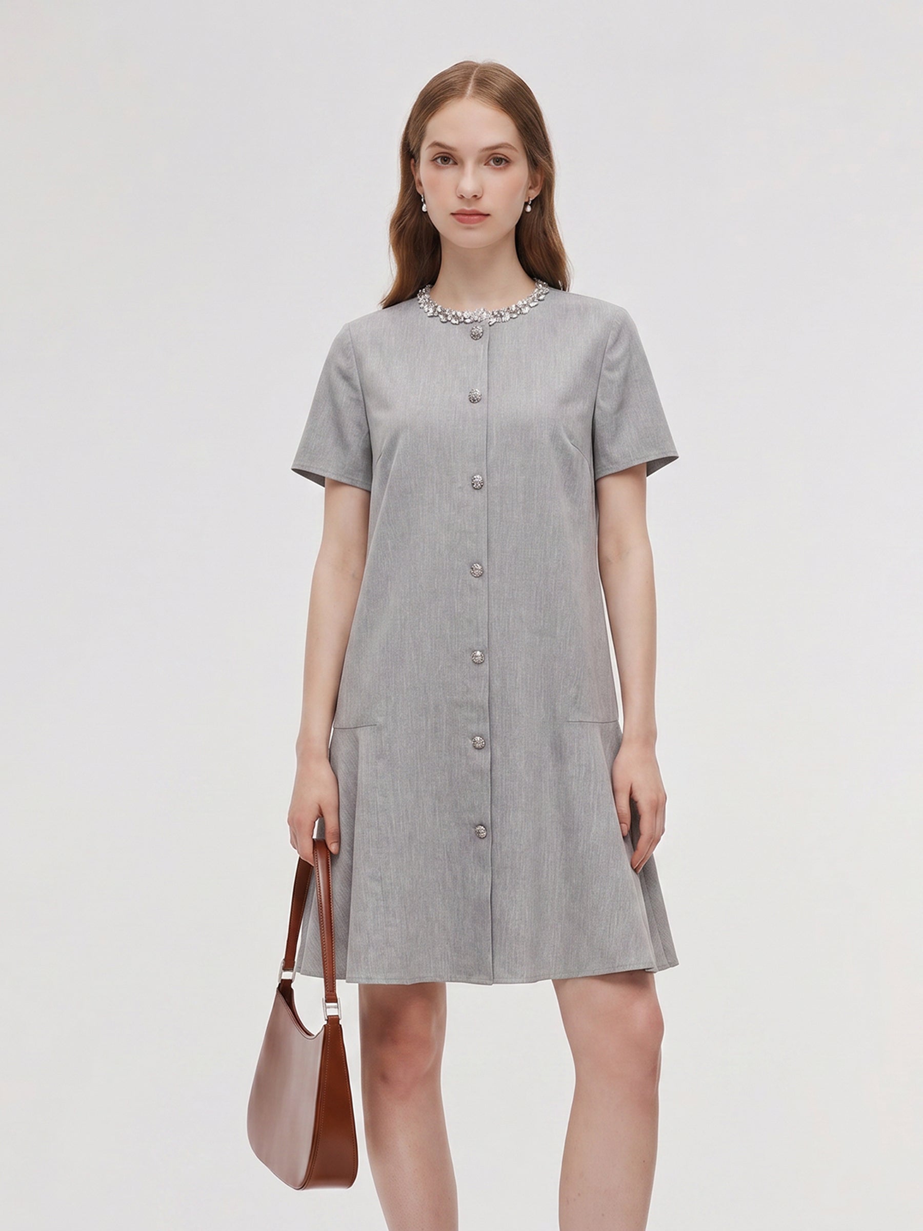 Tencel Linen Blend Sequined Round Neck Women Mini Dress