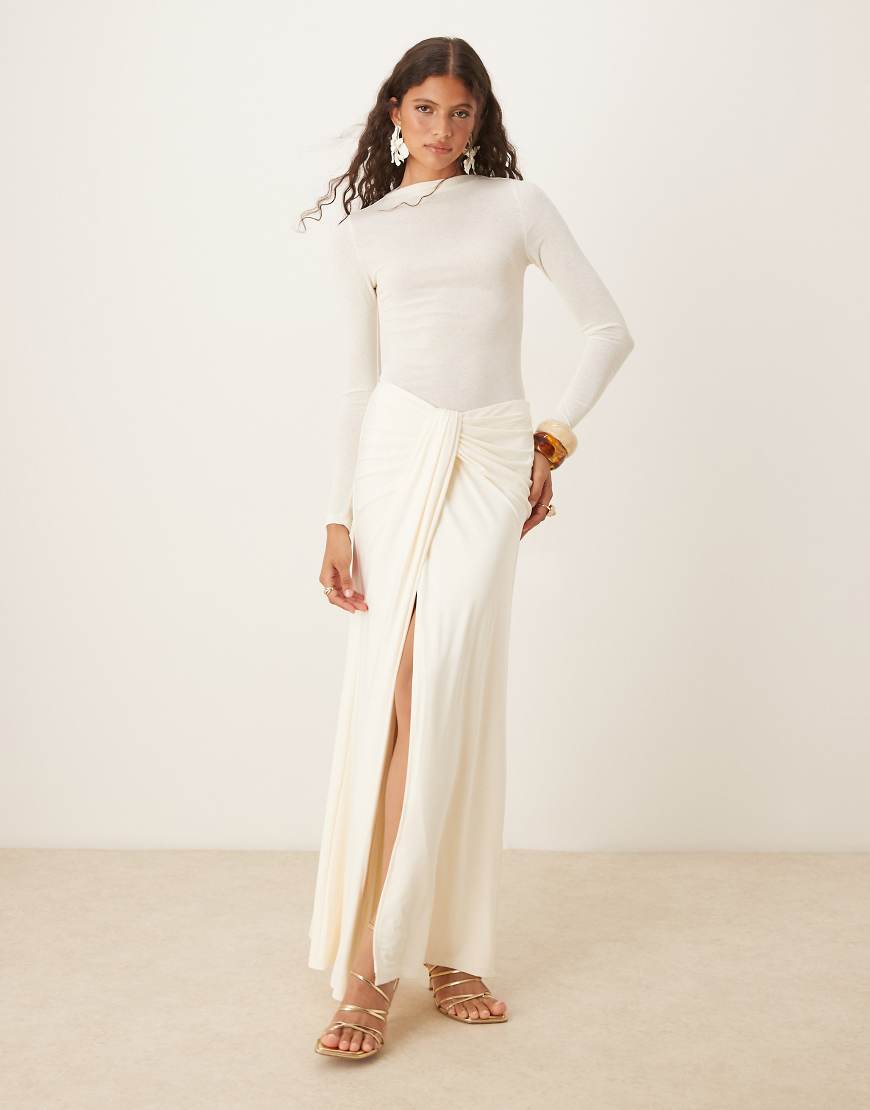 Twist front detail side split maxi skirt co-ord in off white