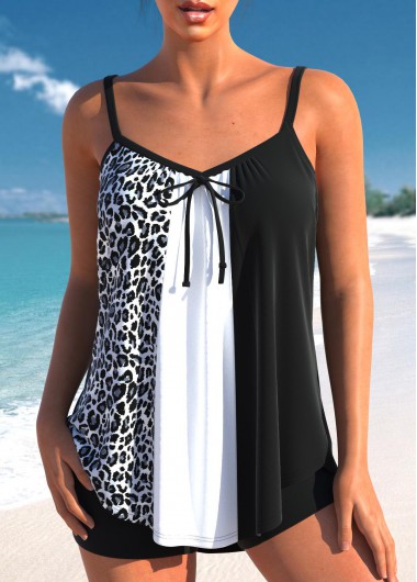 Modlily Patchwork Leopard Black Bowknot Tankini Set