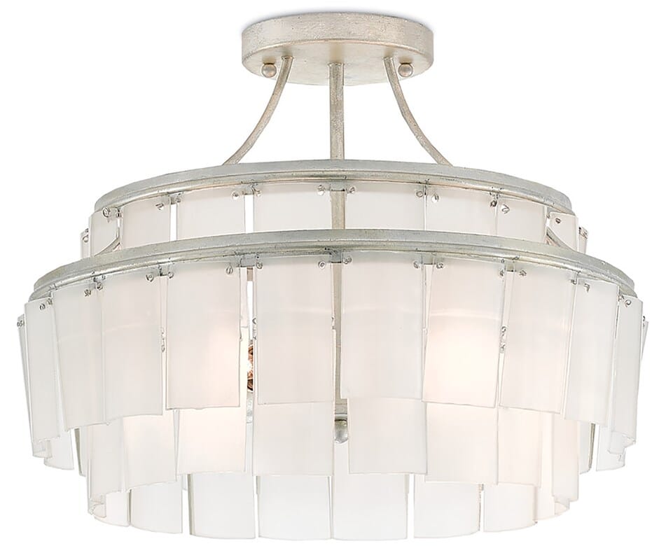 Contemporary Silver Leaf Opaque White Three Light Semi-Flush Mount from the Vintner Collection