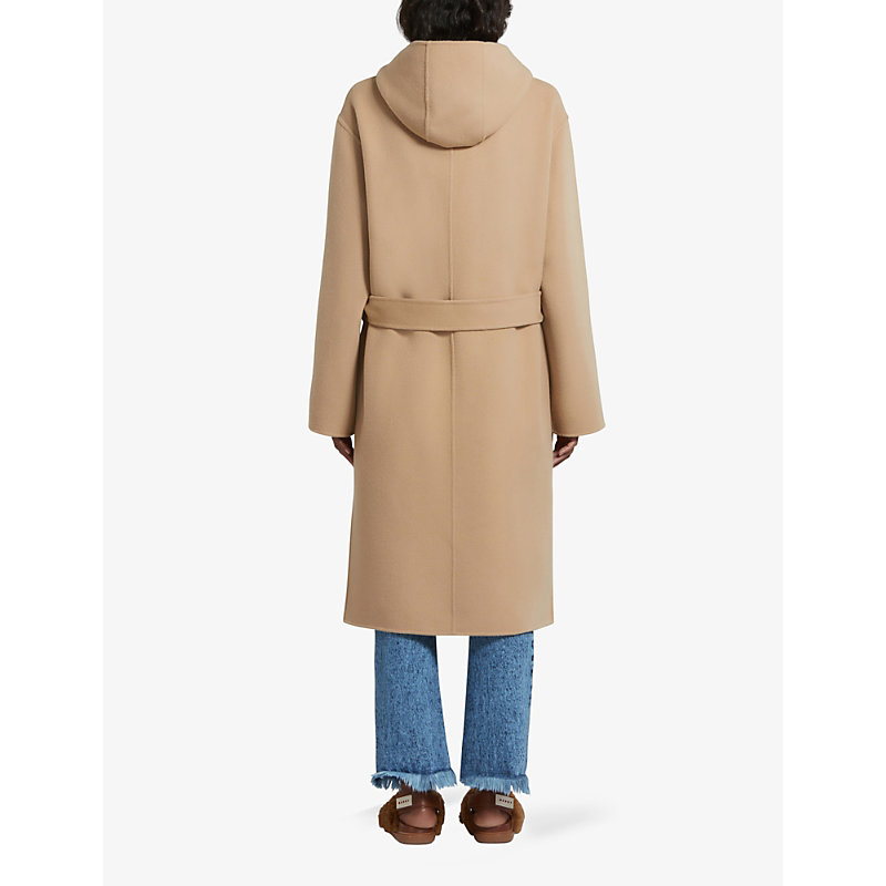 Womens Dijon Deconstructed-shoulder Adjustable-belt Relaxed-fit Wool-blend Hooded Coat 8