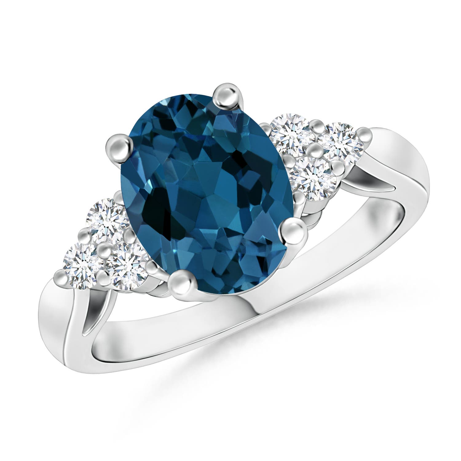 Angara 2.25 Carats Oval London Blue Topaz Cocktail Ring with Trio Diamonds in Platinum