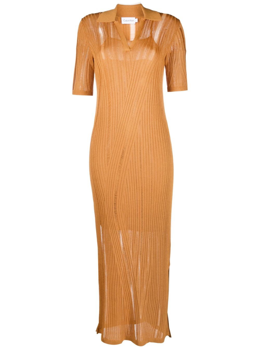 Ribbed-knit V-neck dress - Orange