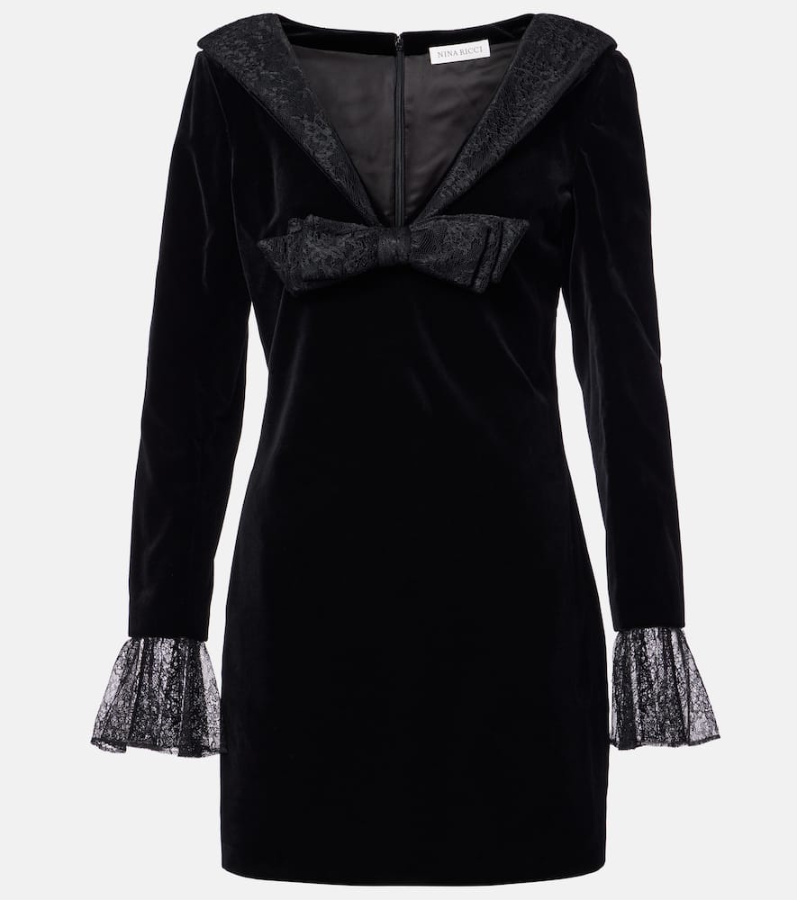 Lace-trimmed cotton velvet minidress