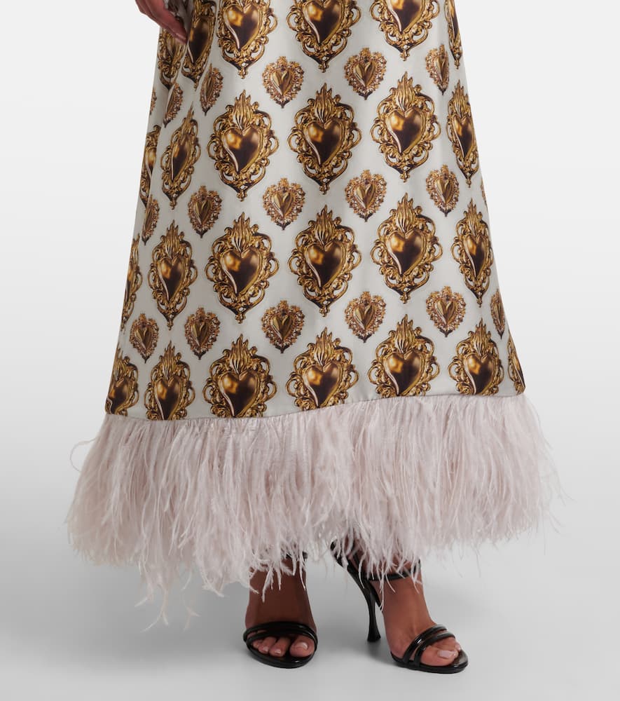 Feather-trimmed printed silk maxi dress
