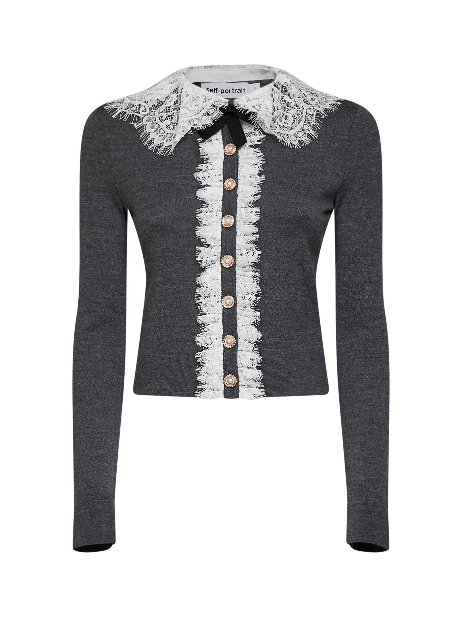 Lace-Collar Wool Knit Cardigan — Gray