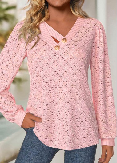 Modlily Light Pink Jacquard Long Sleeve V Neck T Shirt