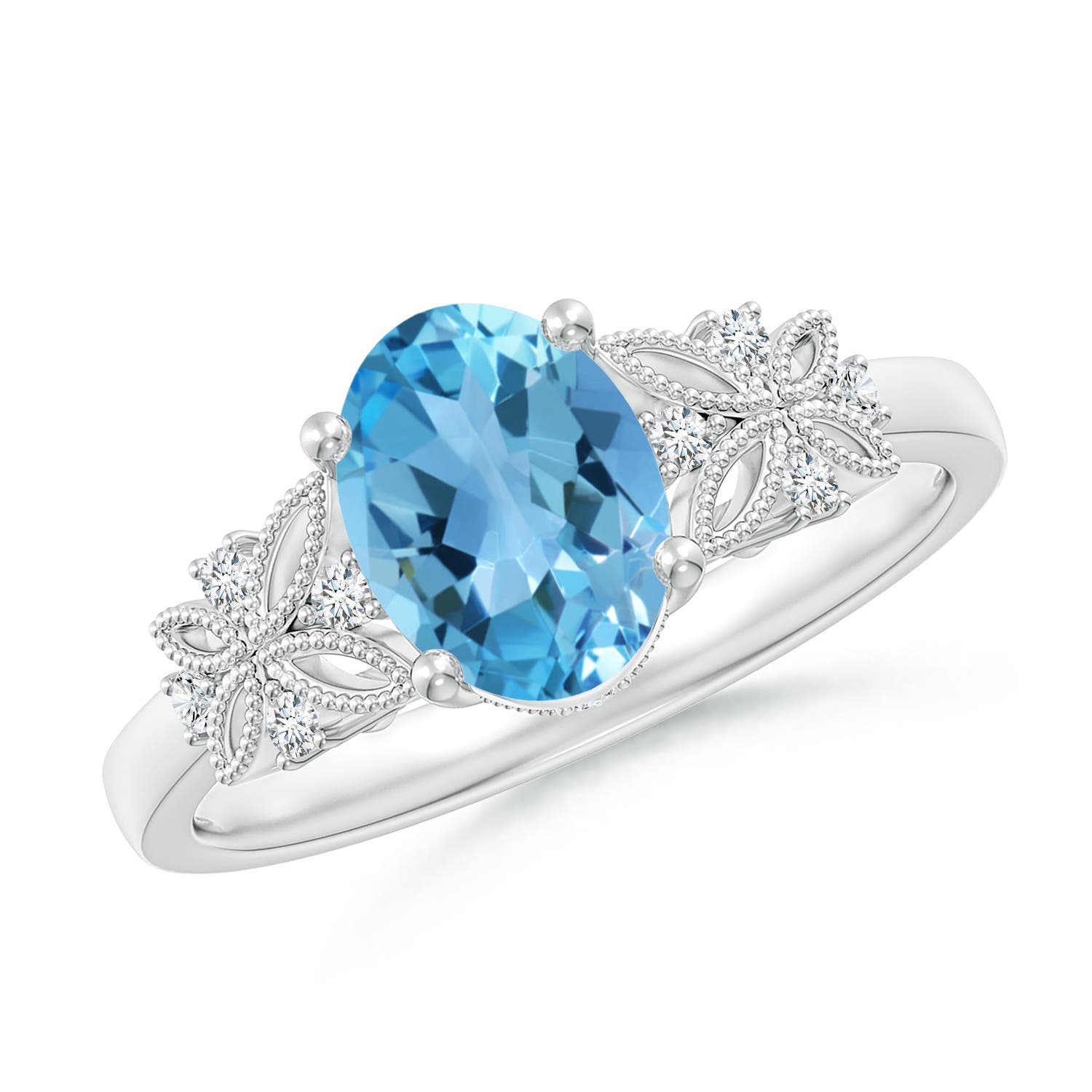 Angara 1.5 Carats Vintage Style Oval Swiss Blue Topaz Ring with Diamonds in Platinum