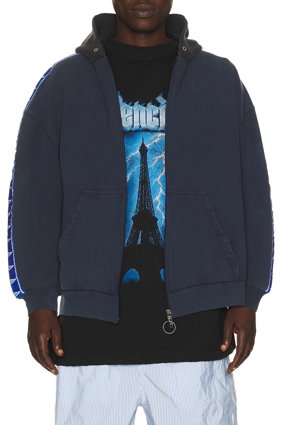 Balenciaga Patched Zip Up Hoodie in Wash Navy & Wash Black - Navy. XL also in