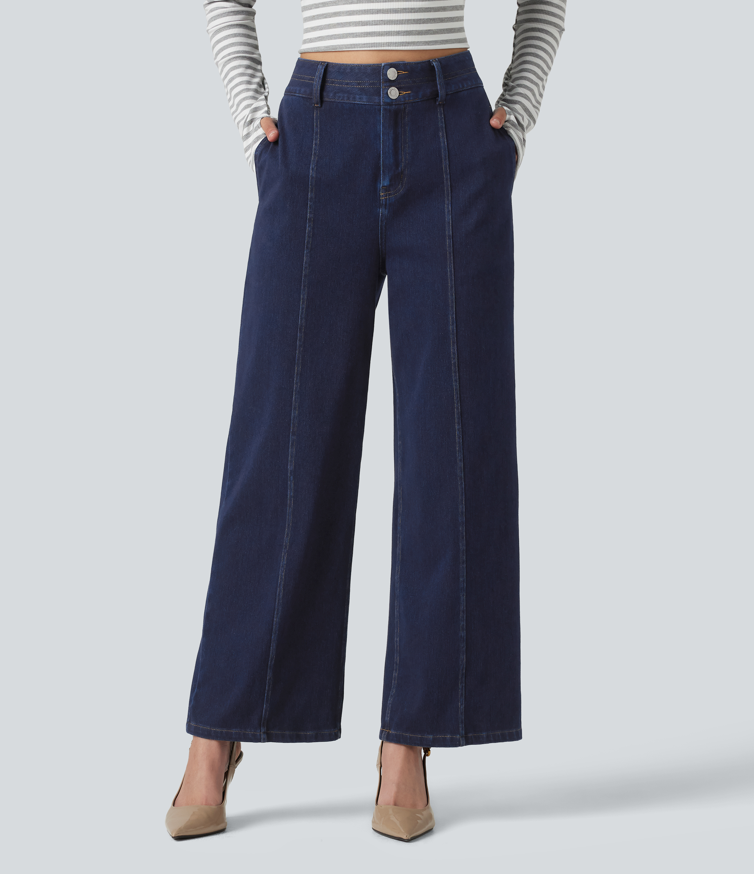 Flex™ High Waisted Wide Leg Casual Jeans with Pockets  - Inkling  Blue Denim