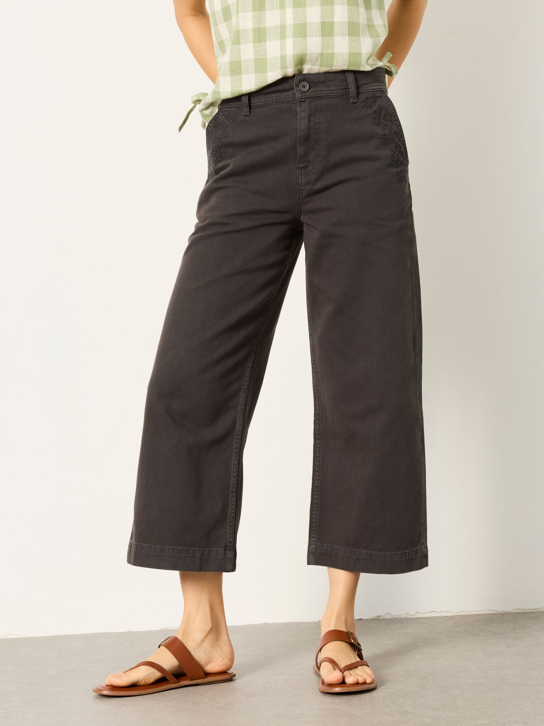 FatFace Hove Grey Embroidered Wide Leg Crop Trouser