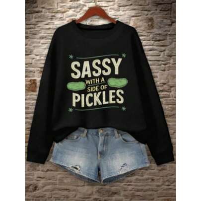 Women'S Funny Pickle Graphic Sweatshirt - "Sassy With A Side Of Pickles" Slogan, Black Round Neck Long Sleeve Pullover, Casual Everyday & Halloween Ou