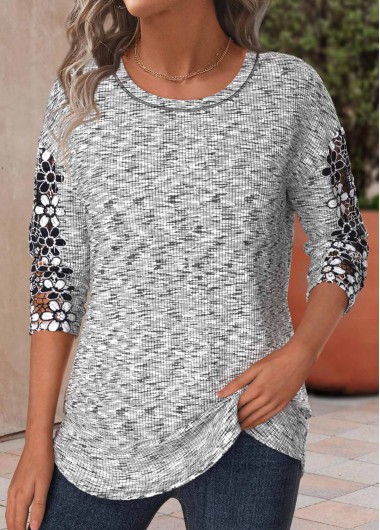 Modlily Light Grey Marl Patchwork Long Sleeve T Shirt