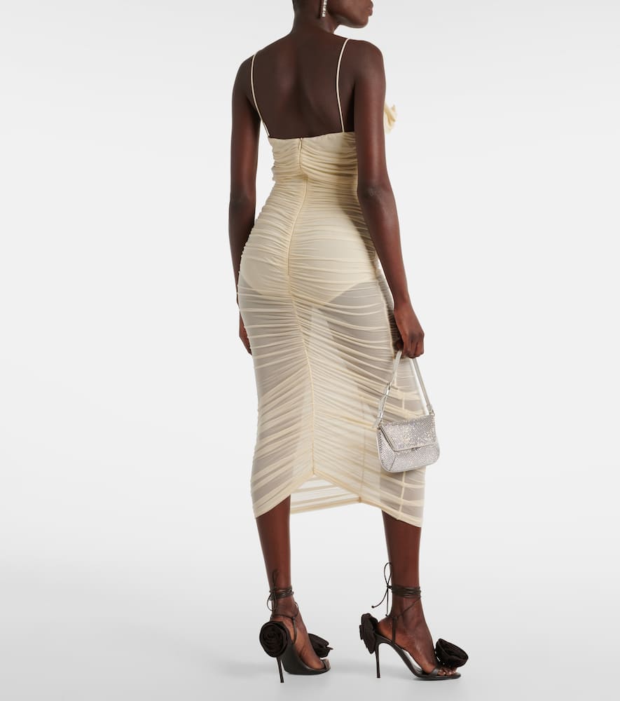 Semi-sheer ruched jersey midi dress