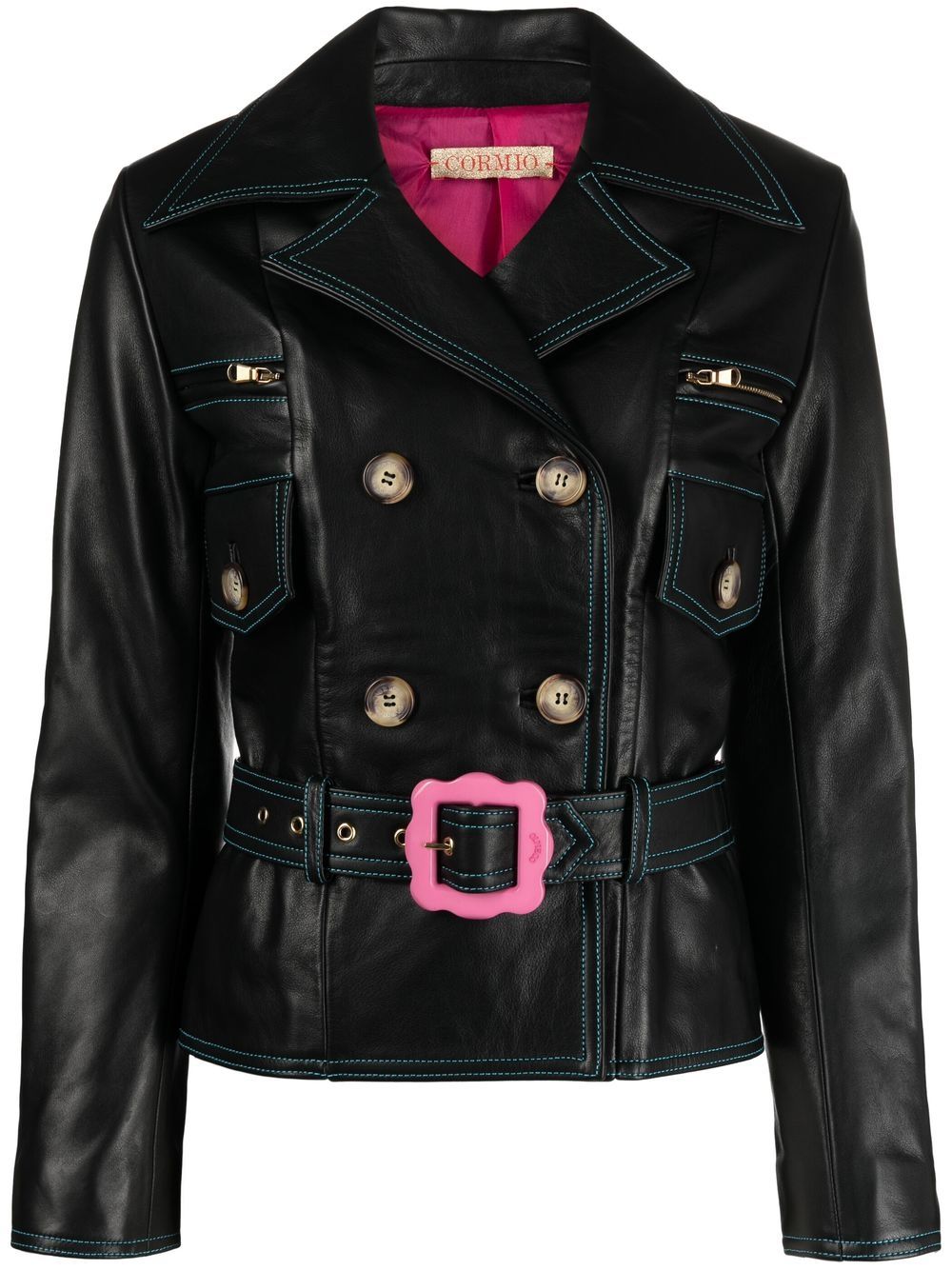 Double-breasted belted leather jacket - Black
