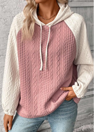 Modlily Pink Patchwork Long Sleeve Jacquard Hoodie