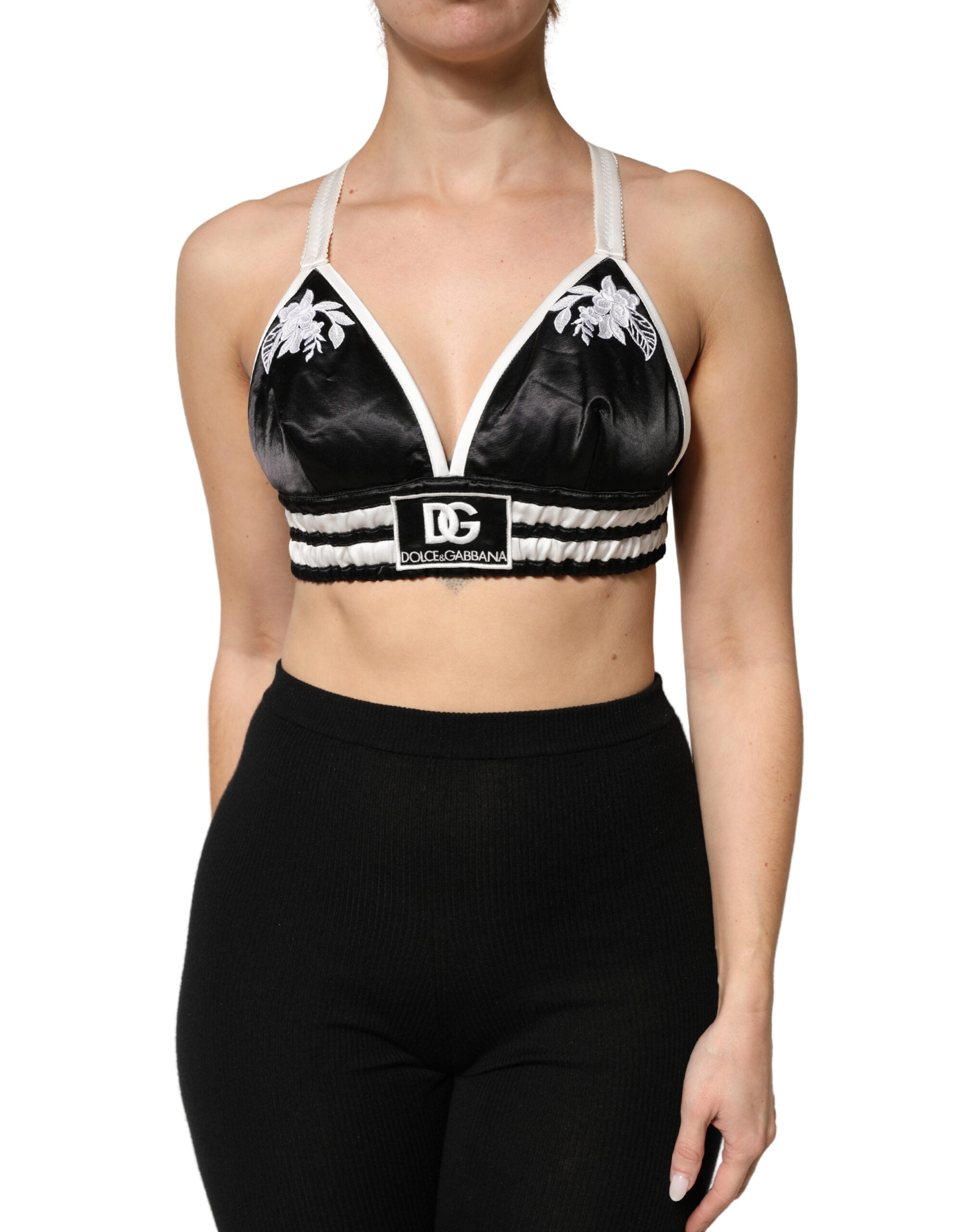 Floral-Embroidered Logo Bralette Top — Black