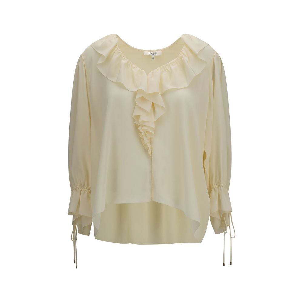 Ruffled V-Neck Silk Blouse — Beige
